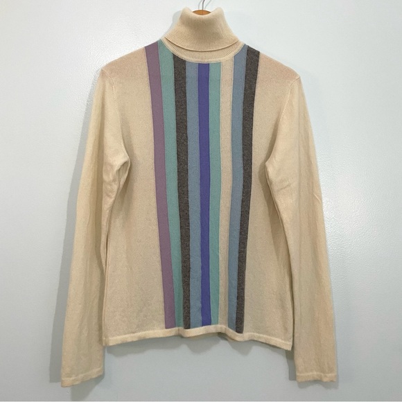 Neiman Marcus Cream and Multi Color Cashmere Turtleneck Sweater Size XL - Picture 1 of 11